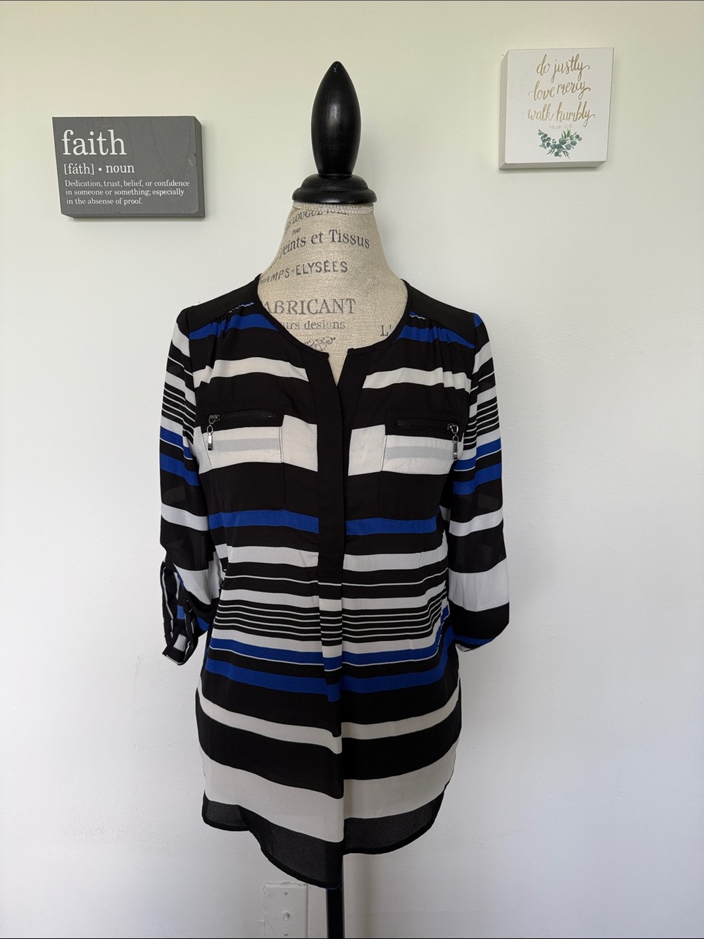 My Michelle Black, White & Blue Striped Tunic Blouse